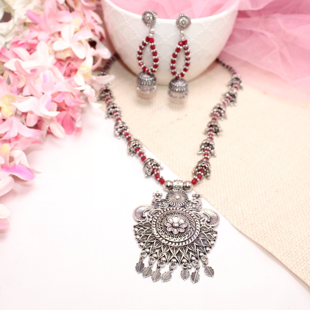 BANJARA PENDANT SET-JHUMKI PATTERN-PEACOCK PAIR-RED -Charms & Pendants