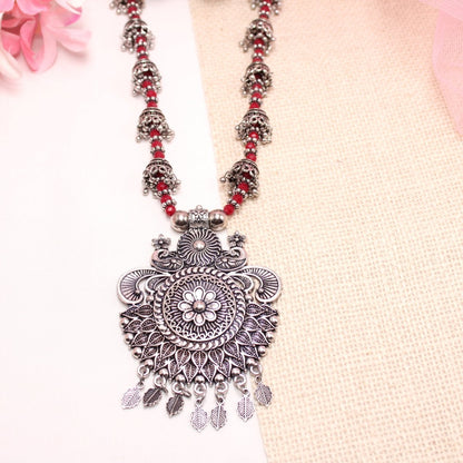 BANJARA PENDANT SET-JHUMKI PATTERN-PEACOCK PAIR-RED -Charms & Pendants