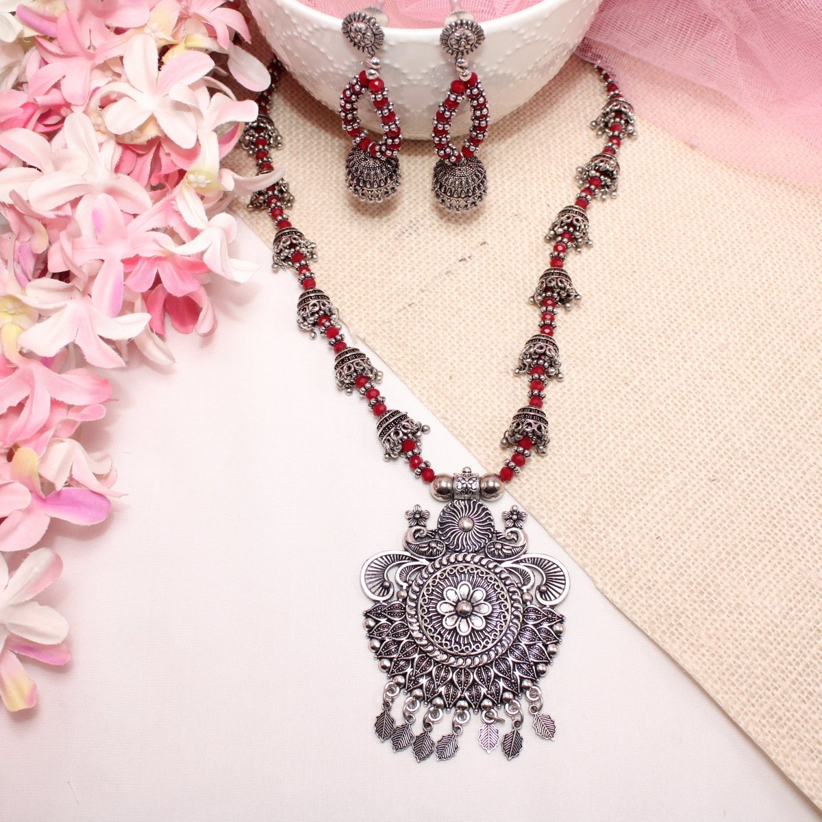 BANJARA PENDANT SET-JHUMKI PATTERN-PEACOCK PAIR-RED -Charms & Pendants