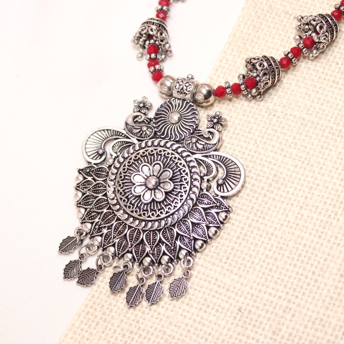 BANJARA PENDANT SET-JHUMKI PATTERN-PEACOCK PAIR-RED -Charms & Pendants