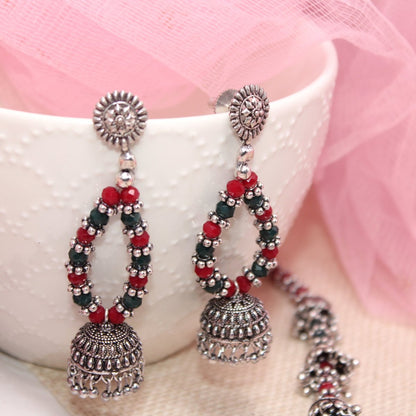 BANJARA PENDANT SET-JHUMKI PATTERN-PEACOCK PATTERN-RED & GREEN -Charms & Pendants