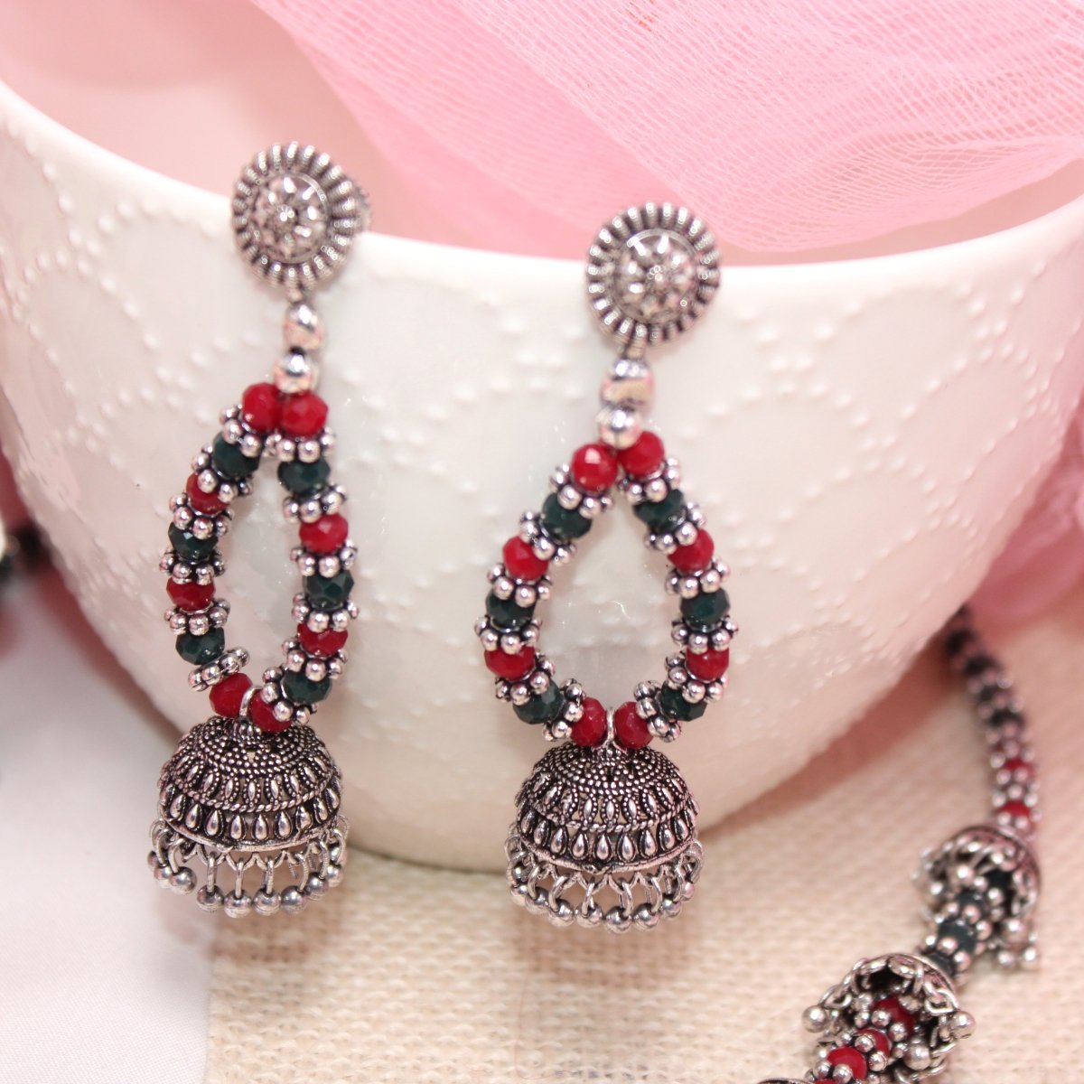 BANJARA PENDANT SET-JHUMKI PATTERN-PEACOCK PATTERN-RED & GREEN -Charms & Pendants