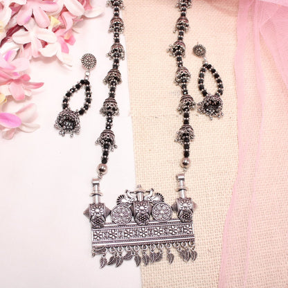 BANJARA PENDANT SET-JHUMKI PATTERN-RECTANGULAR PATTERN-BLACK -Charms & Pendants