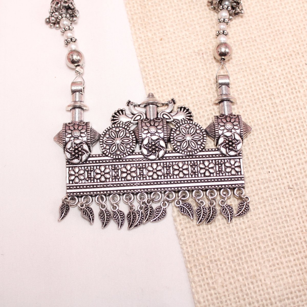 BANJARA PENDANT SET-JHUMKI PATTERN-RECTANGULAR PATTERN-WHITE -Charms & Pendants