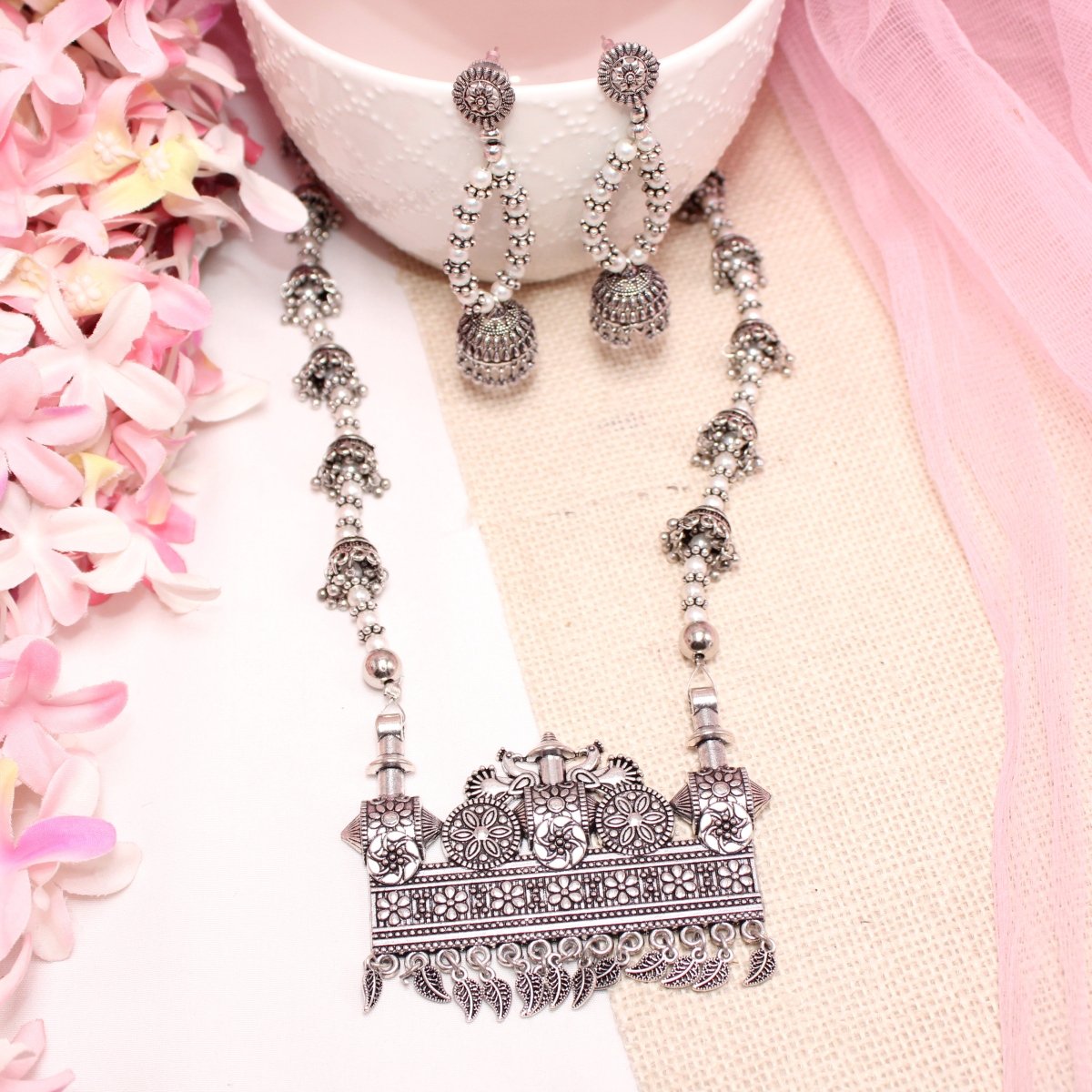 BANJARA PENDANT SET-JHUMKI PATTERN-RECTANGULAR PATTERN-WHITE -Charms & Pendants