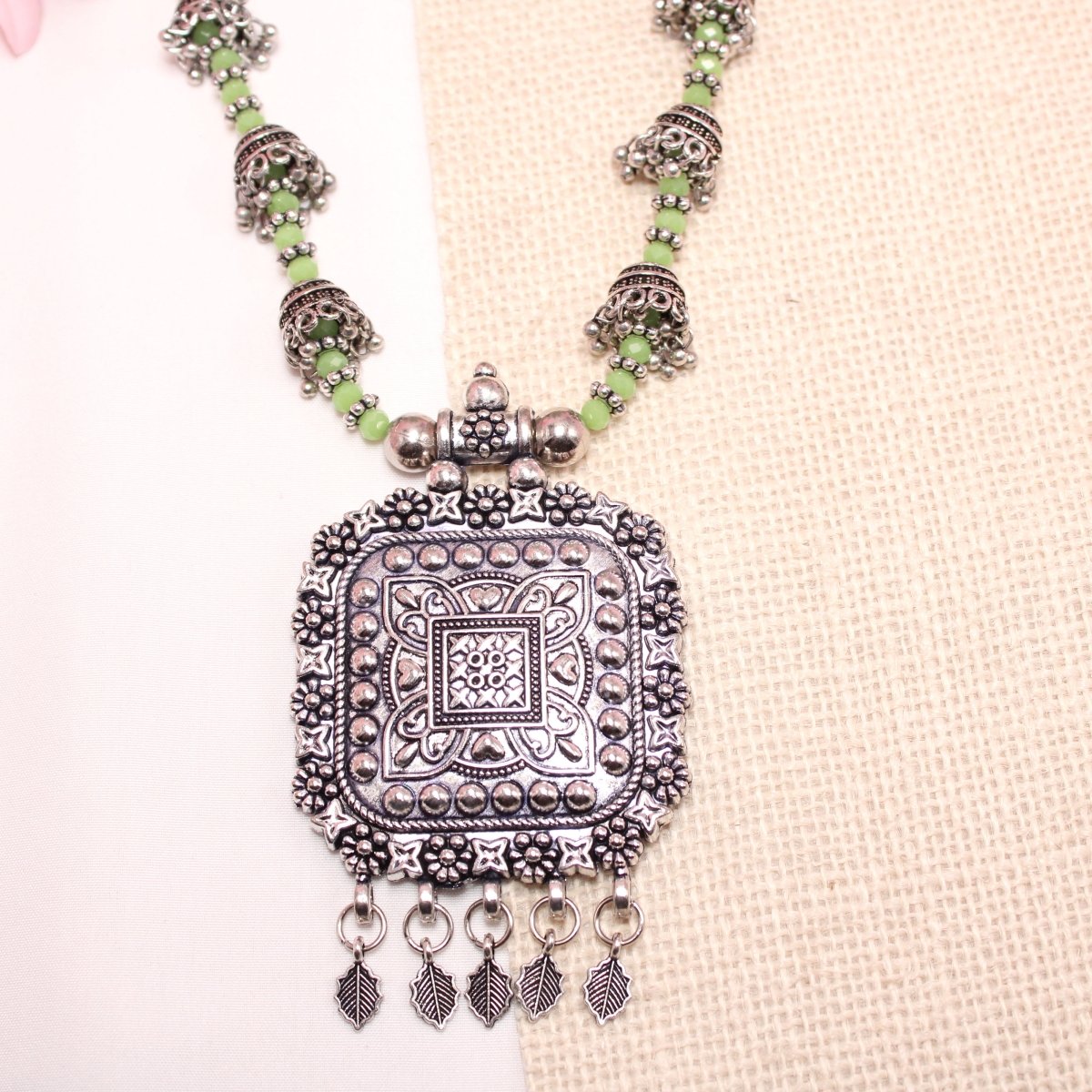 BANJARA PENDANT SET-JHUMKI PATTERN-SQUARE-GREEN -Charms & Pendants