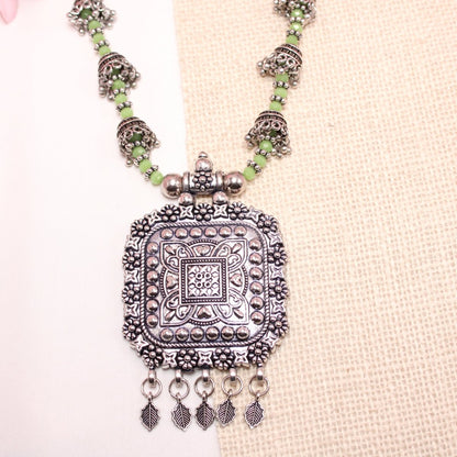 BANJARA PENDANT SET-JHUMKI PATTERN-SQUARE-GREEN -Charms & Pendants