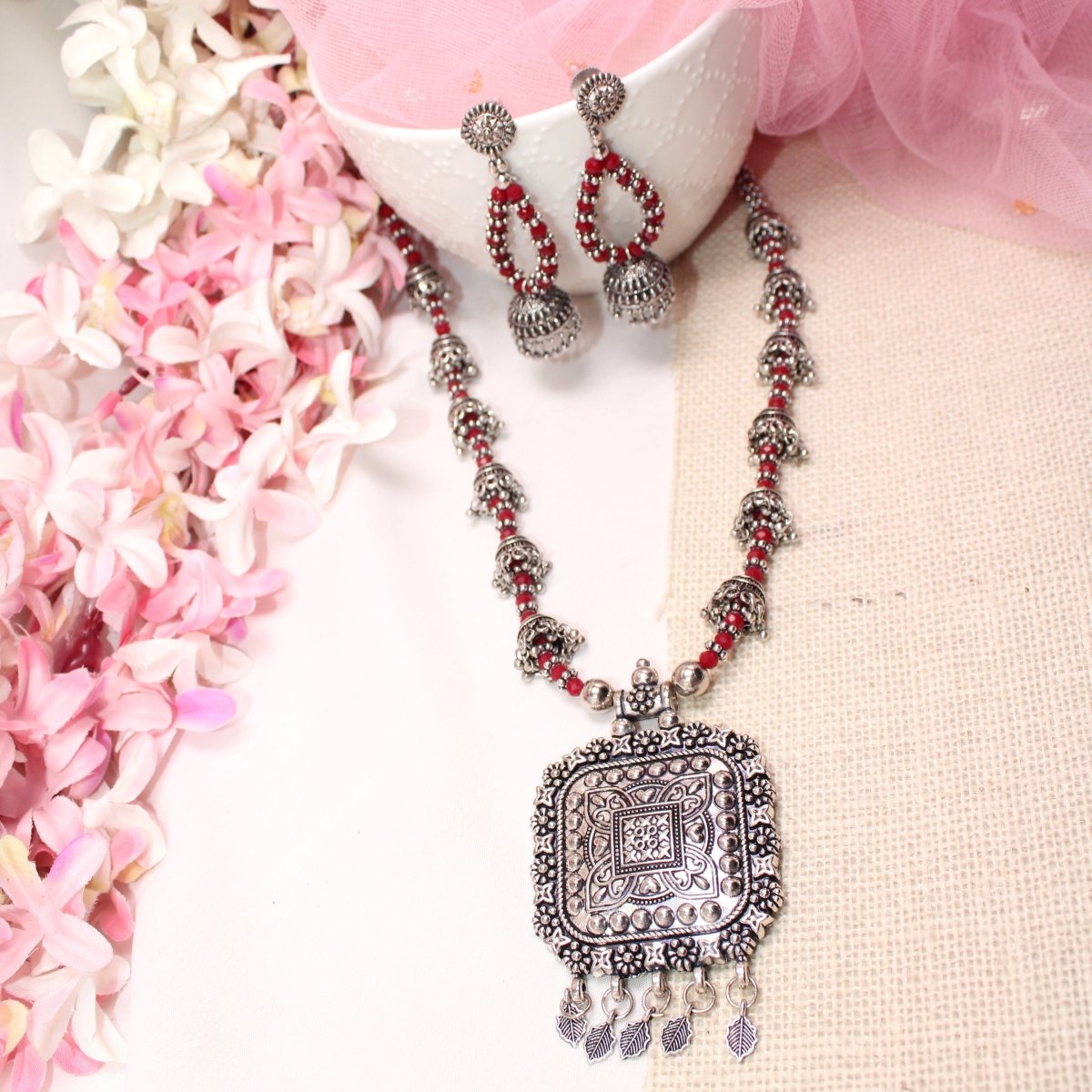 BANJARA PENDANT SET-JHUMKI PATTERN-SQUARE-MAROON -Charms & Pendants