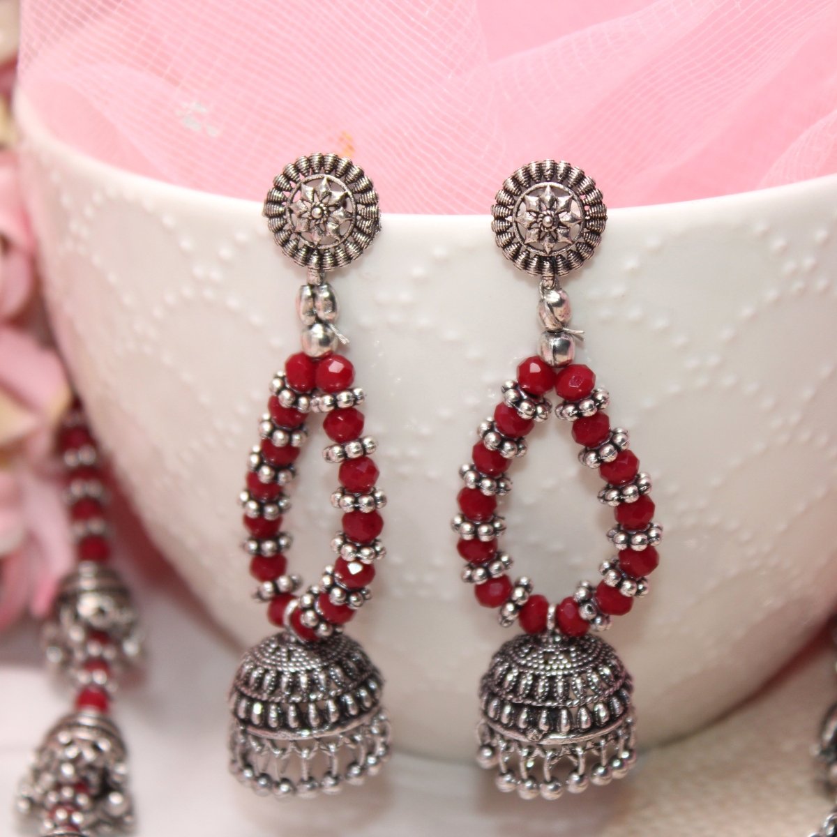 BANJARA PENDANT SET-JHUMKI PATTERN-SQUARE-MAROON -Charms & Pendants