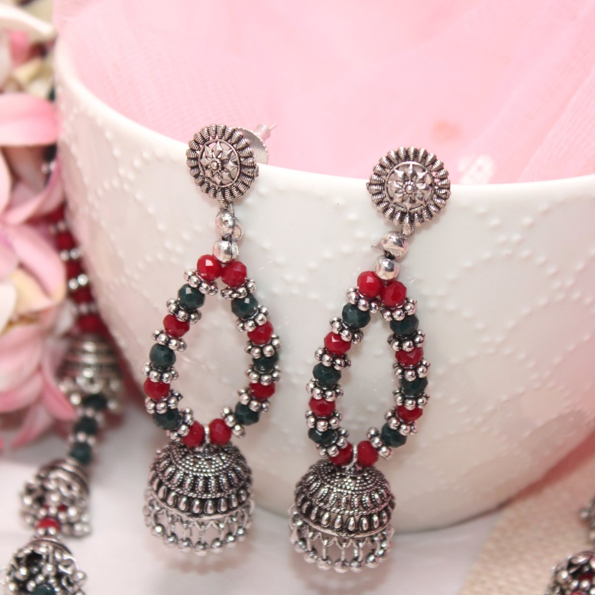 BANJARA PENDANT SET-JHUMKI PATTERN-SQUARE-MAROON & GREEN -Charms & Pendants