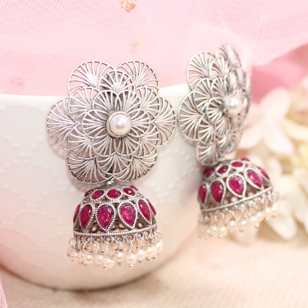 BIG FLOWER JAALI JHUMKA- MAGENTA -EARRING