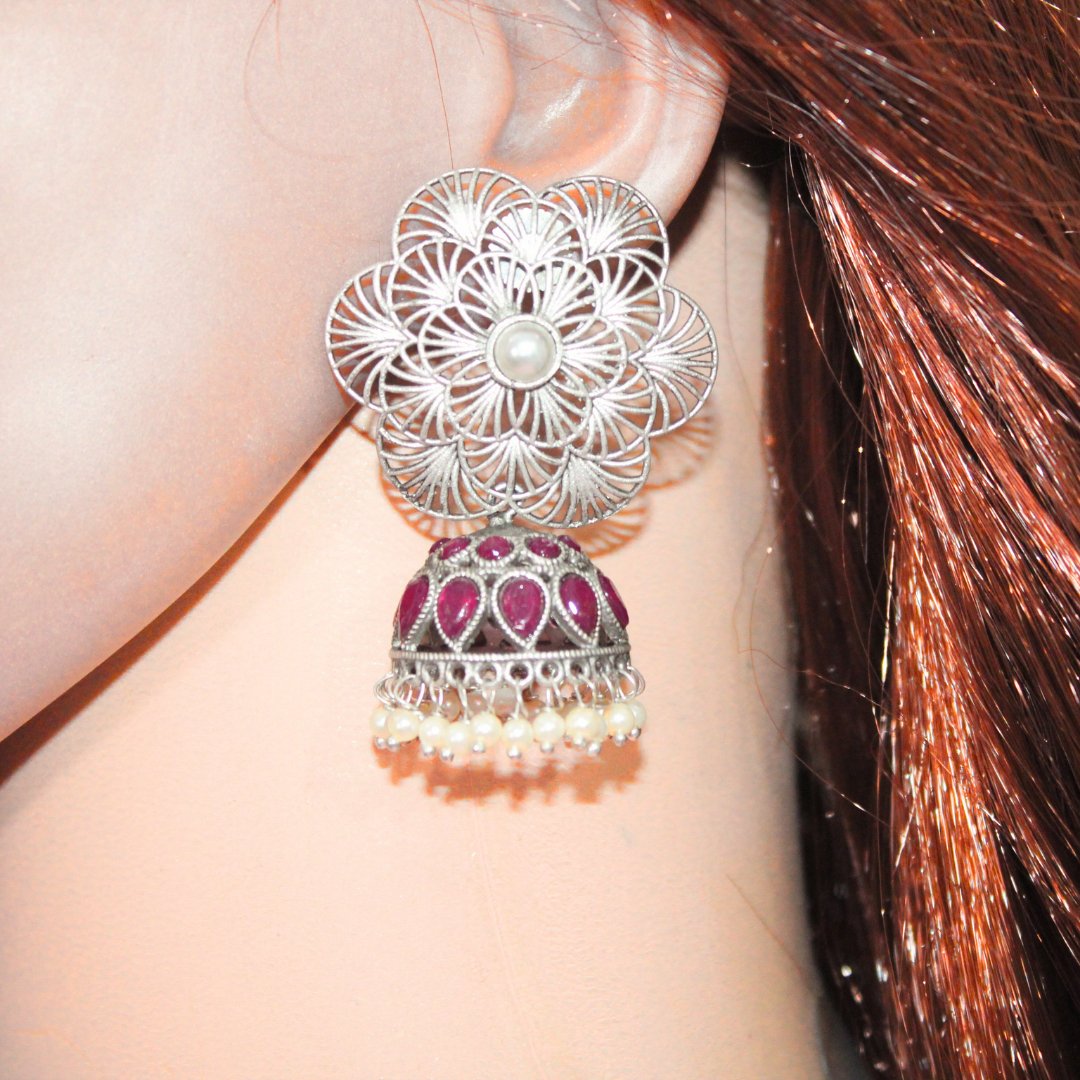 BIG FLOWER JAALI JHUMKA- MAGENTA -EARRING