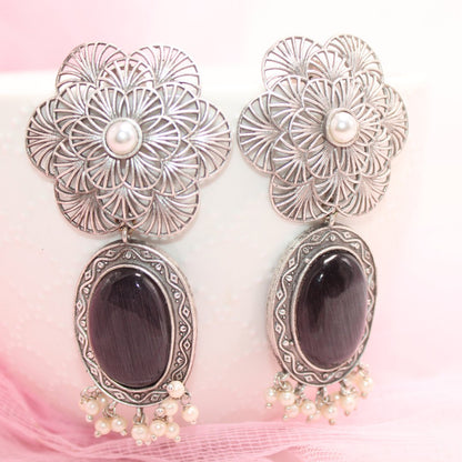 BIG FLOWER JAALI WITH MONALISA STONE EARRING-BLACK -EARRING