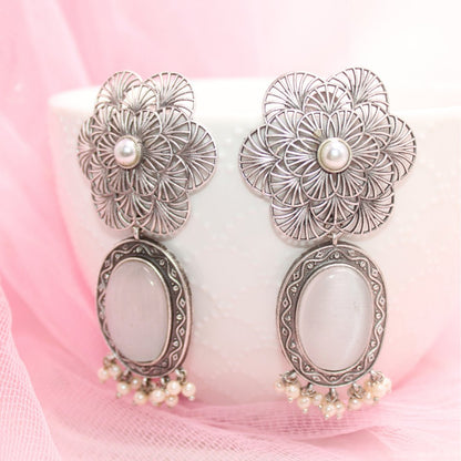 BIG FLOWER JAALI WITH MONALISA STONE EARRING-GREY -EARRING