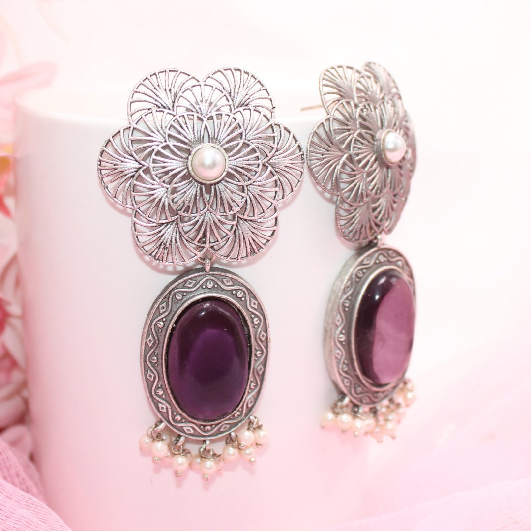 BIG FLOWER JAALI WITH MONALISA STONE EARRING-PURPLE -EARRING