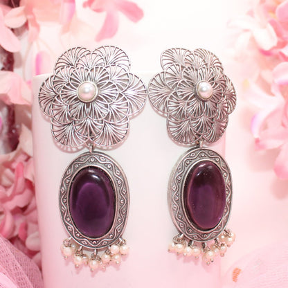 BIG FLOWER JAALI WITH MONALISA STONE EARRING-PURPLE -EARRING