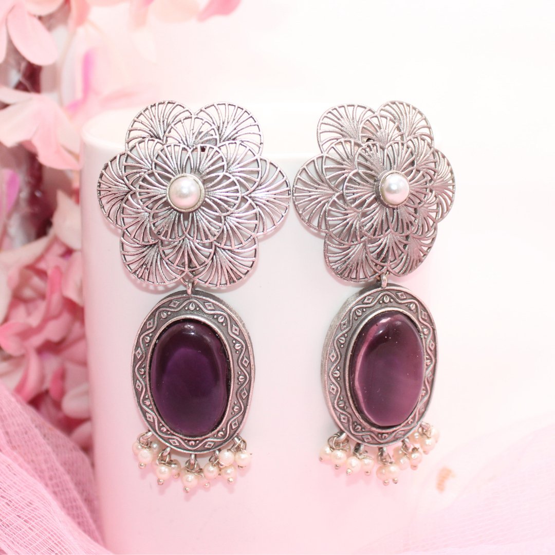 BIG FLOWER JAALI WITH MONALISA STONE EARRING-PURPLE -EARRING