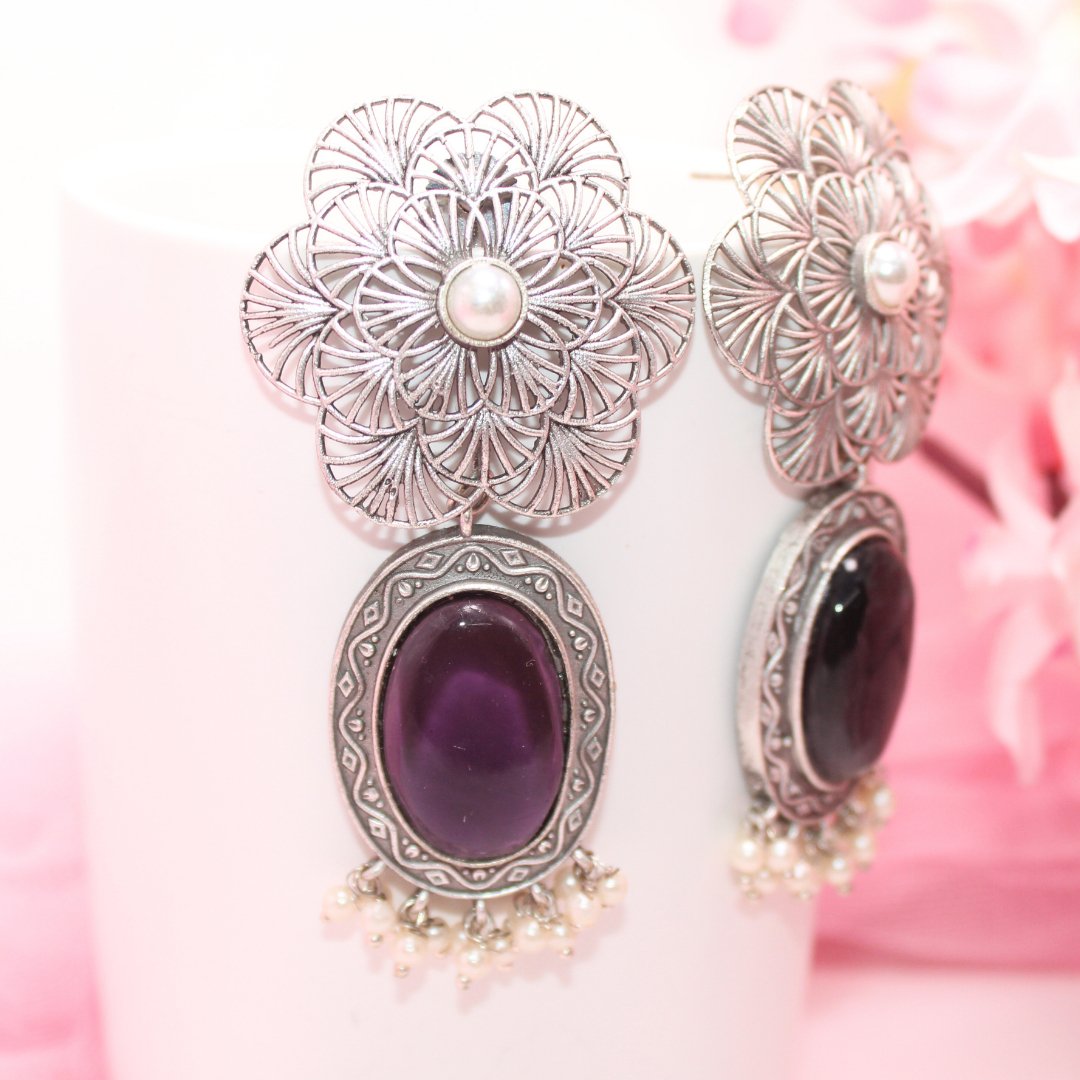 BIG FLOWER JAALI WITH MONALISA STONE EARRING-PURPLE -EARRING