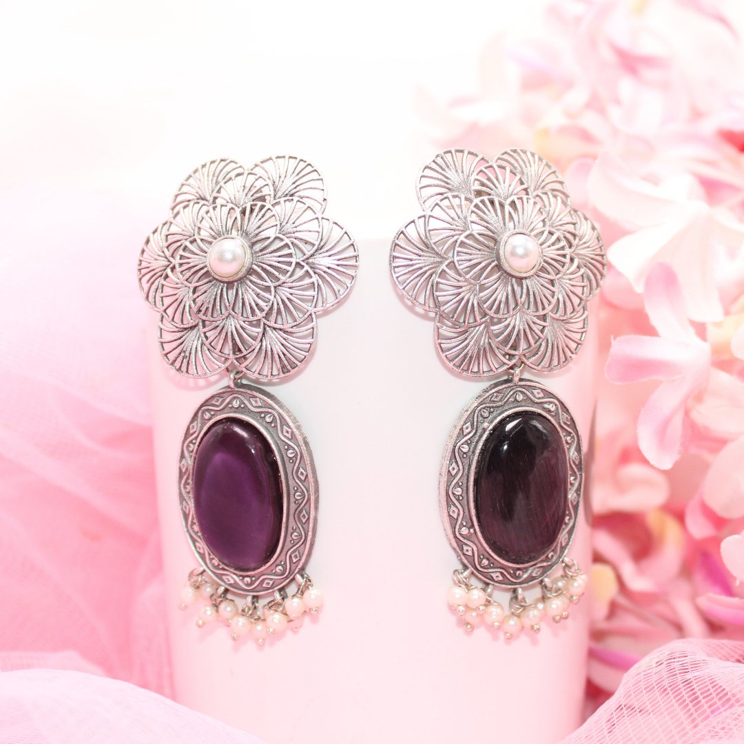 BIG FLOWER JAALI WITH MONALISA STONE EARRING-PURPLE -EARRING