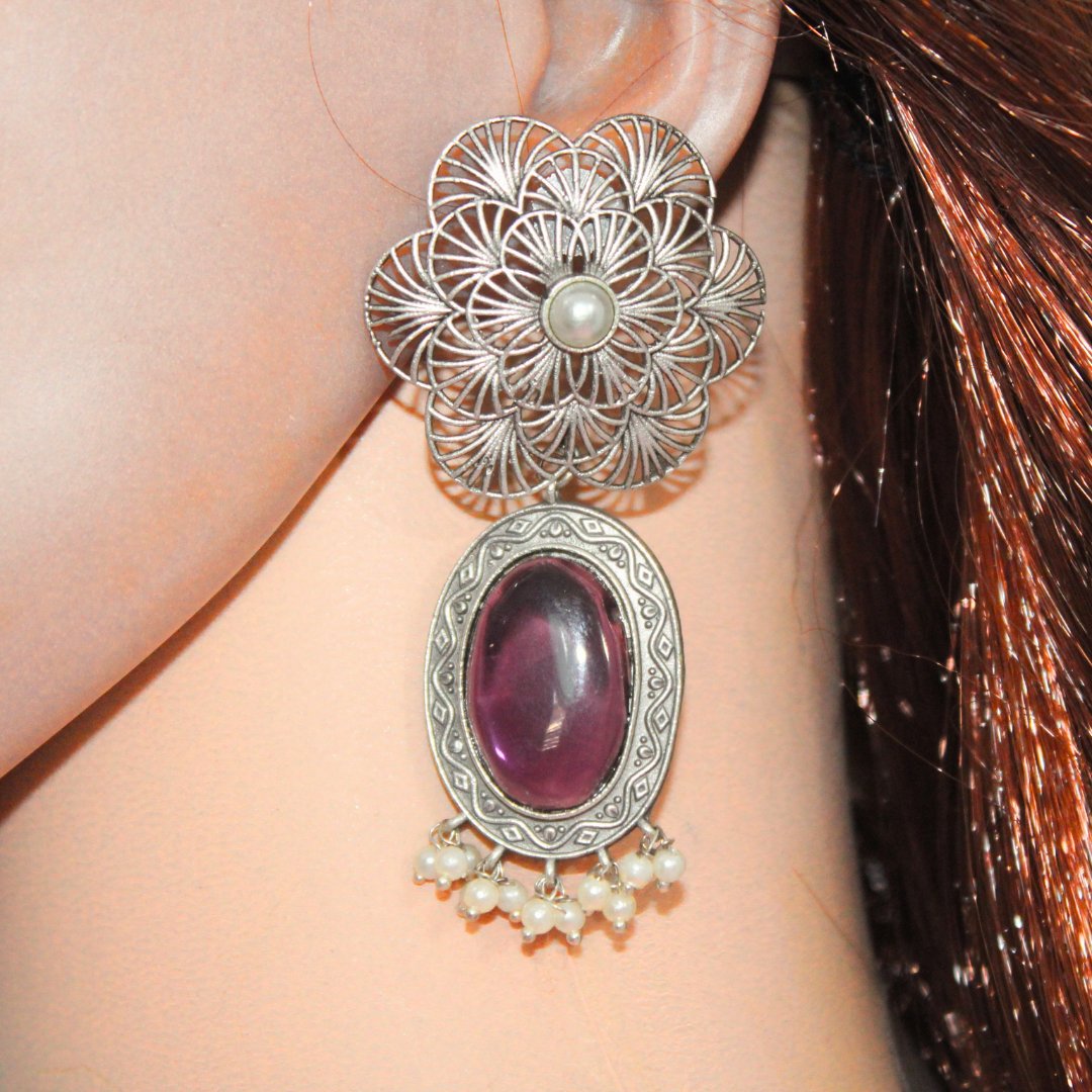 BIG FLOWER JAALI WITH MONALISA STONE EARRING-PURPLE -EARRING