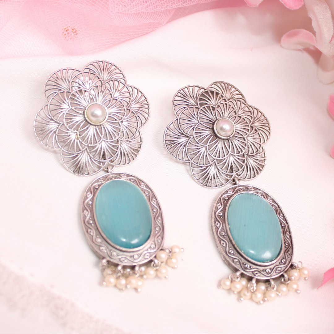 BIG FLOWER JAALI WITH MONALISA STONE EARRING-SKY BLUE -EARRING