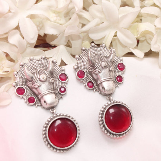 BIG NANDI FACE WITH MONALISA STONE EARRING-RED -EARRING