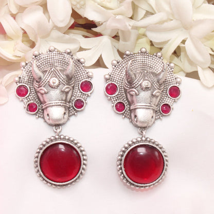 BIG NANDI FACE WITH MONALISA STONE EARRING-RED -EARRING