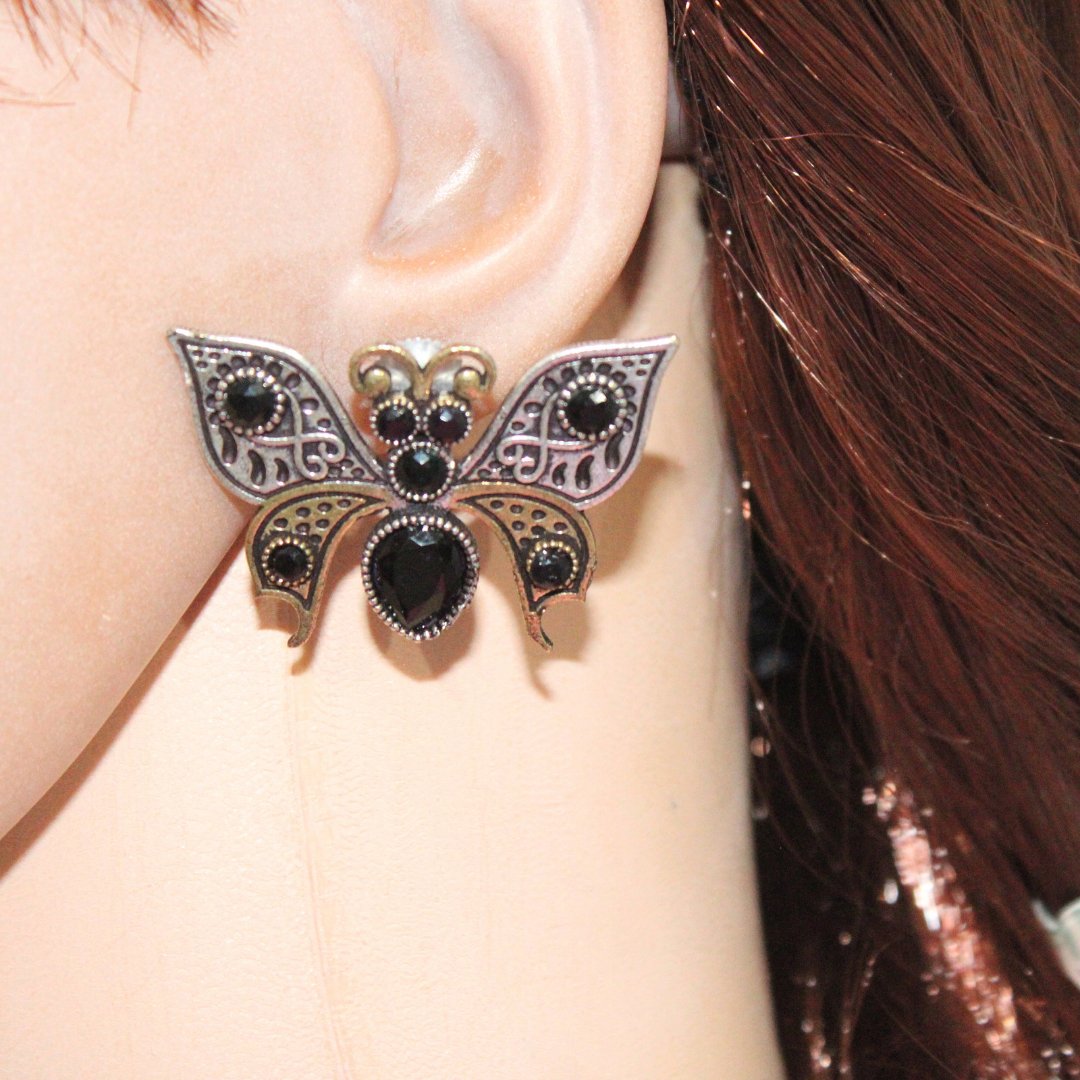 BUTTERFLY DUAL-TONE WITH STONE STUD-BLACK -EARRING