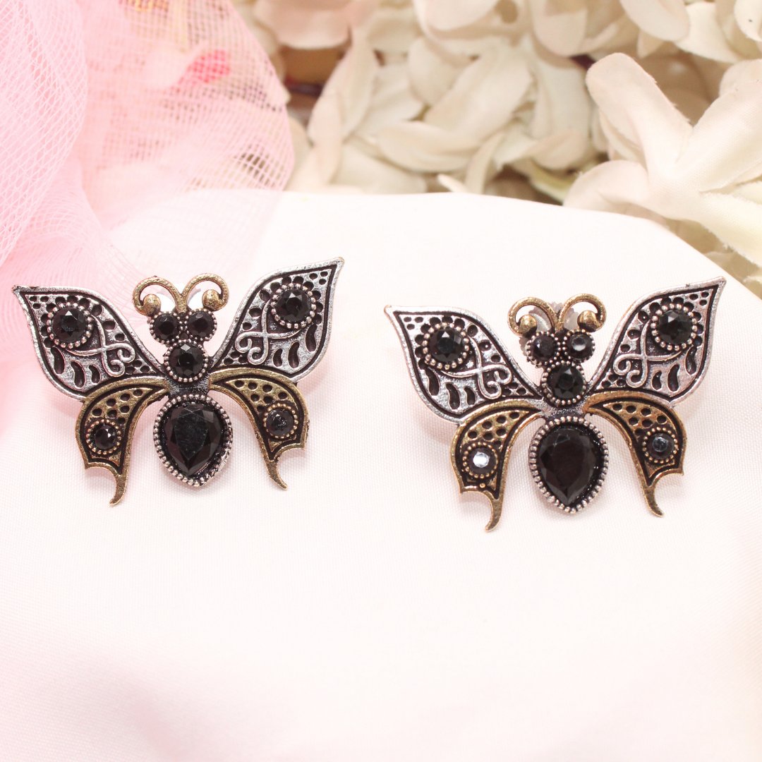 BUTTERFLY DUAL-TONE WITH STONE STUD-BLACK -EARRING