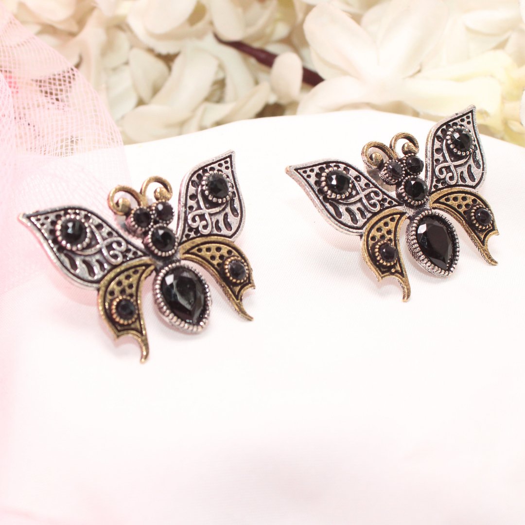 BUTTERFLY DUAL-TONE WITH STONE STUD-BLACK -EARRING