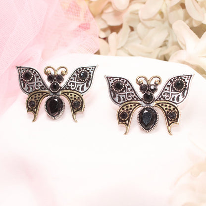 BUTTERFLY DUAL-TONE WITH STONE STUD-BLACK -EARRING