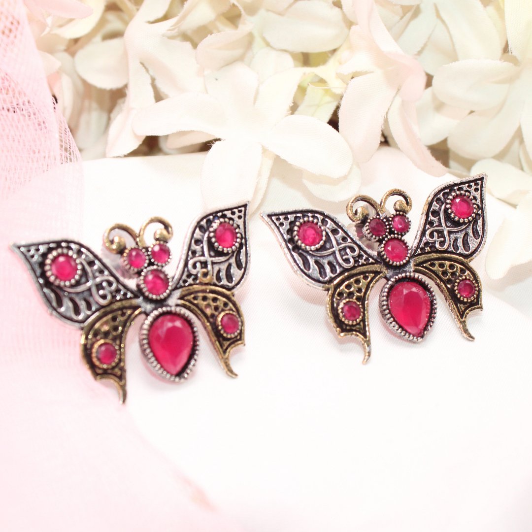 BUTTERFLY DUAL-TONE WITH STONE STUD-MAGENTA -EARRING