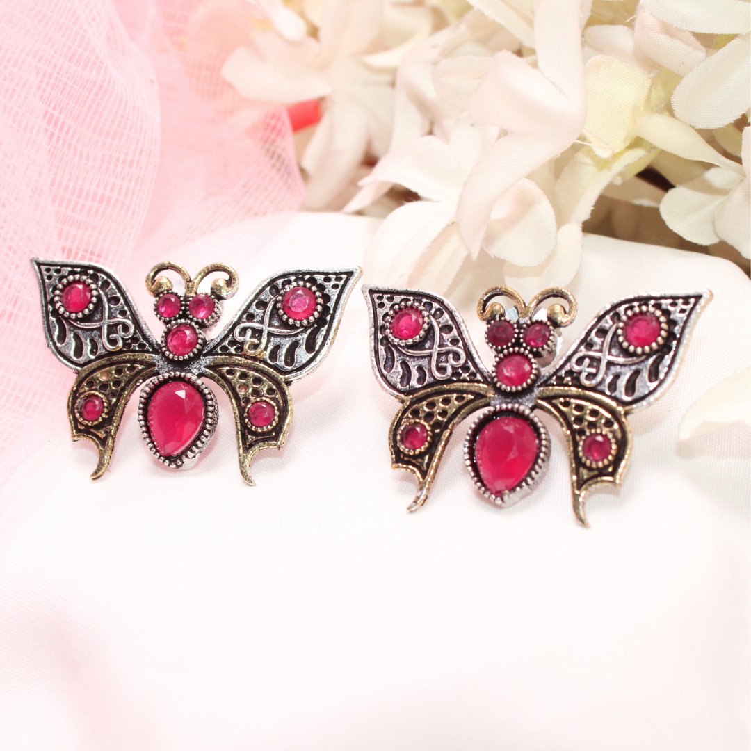 BUTTERFLY DUAL-TONE WITH STONE STUD-MAGENTA -EARRING