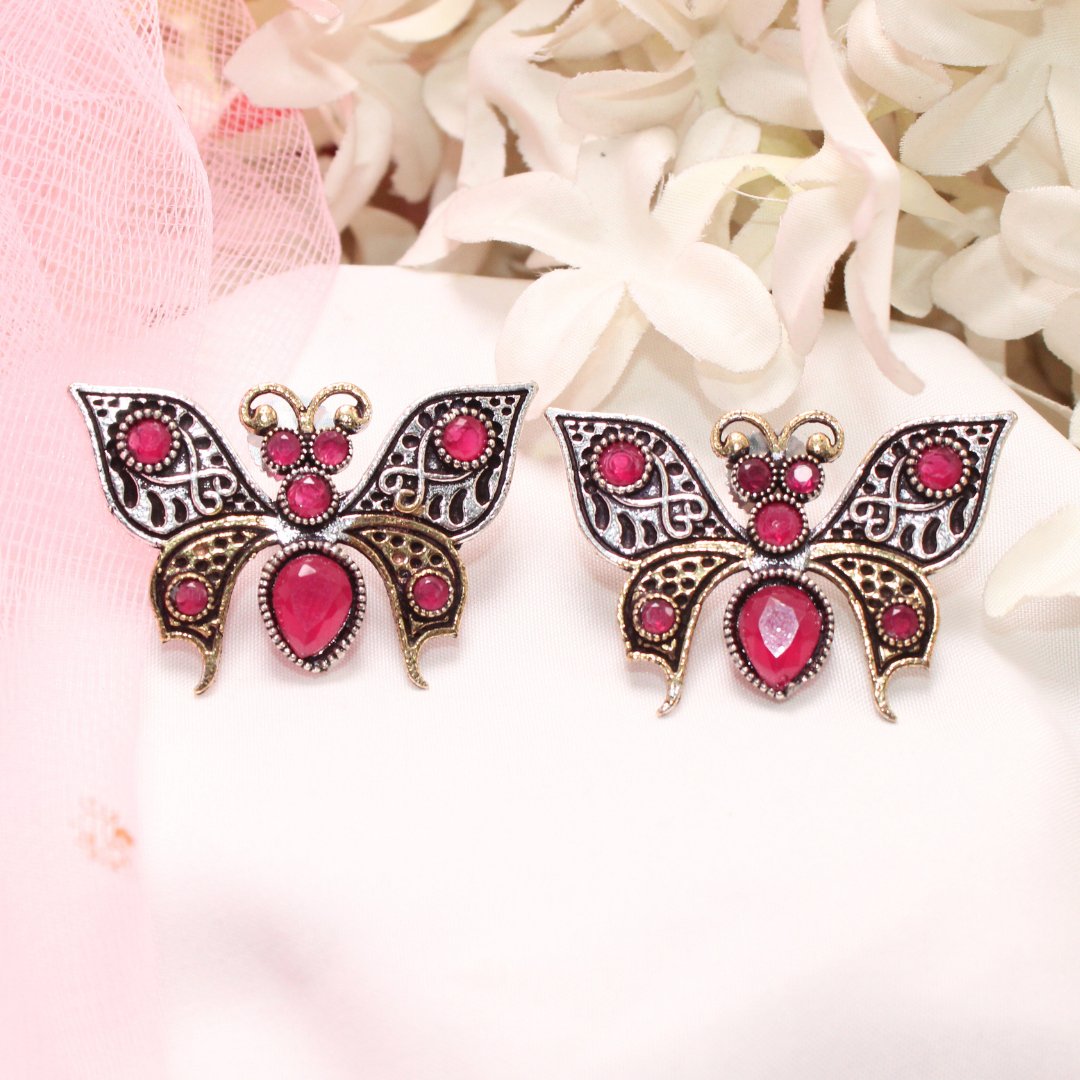 BUTTERFLY DUAL-TONE WITH STONE STUD-MAGENTA -EARRING