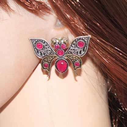 BUTTERFLY DUAL-TONE WITH STONE STUD-MAGENTA -EARRING