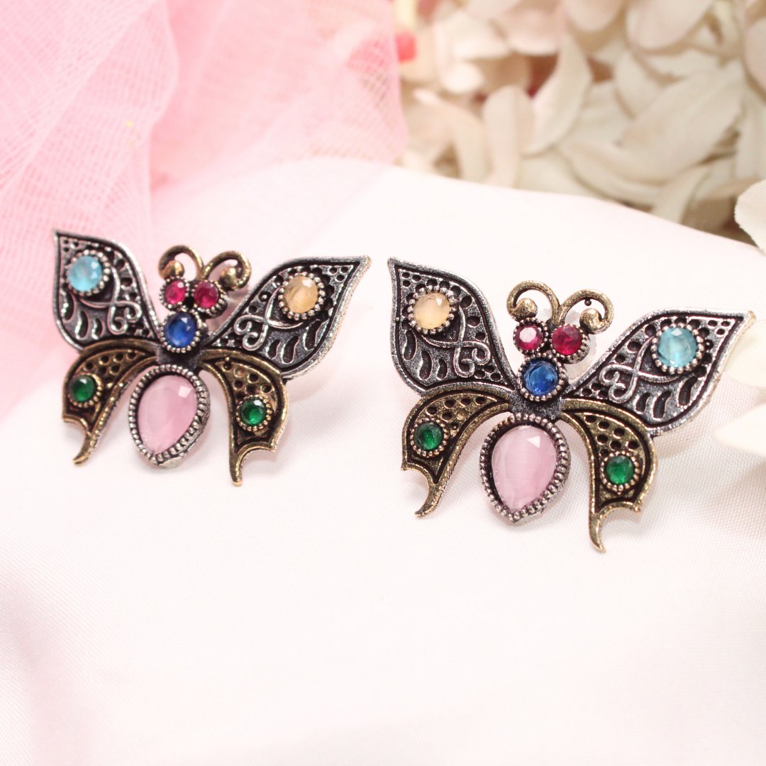 BUTTERFLY DUAL-TONE WITH STONE STUD-MULTICOLOUR -EARRING