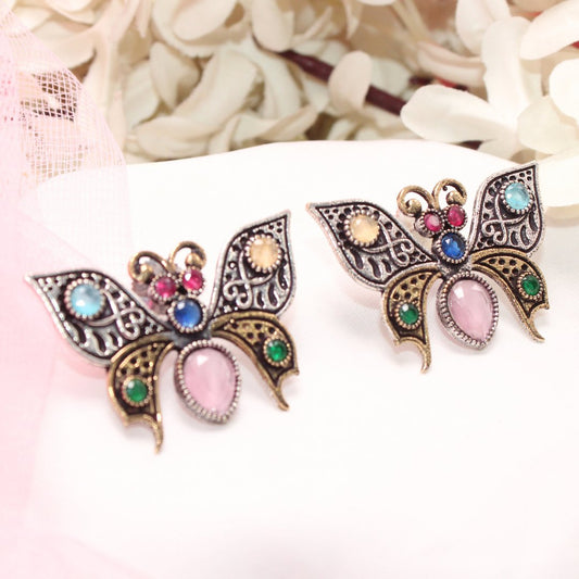 BUTTERFLY DUAL-TONE WITH STONE STUD-MULTICOLOUR -EARRING