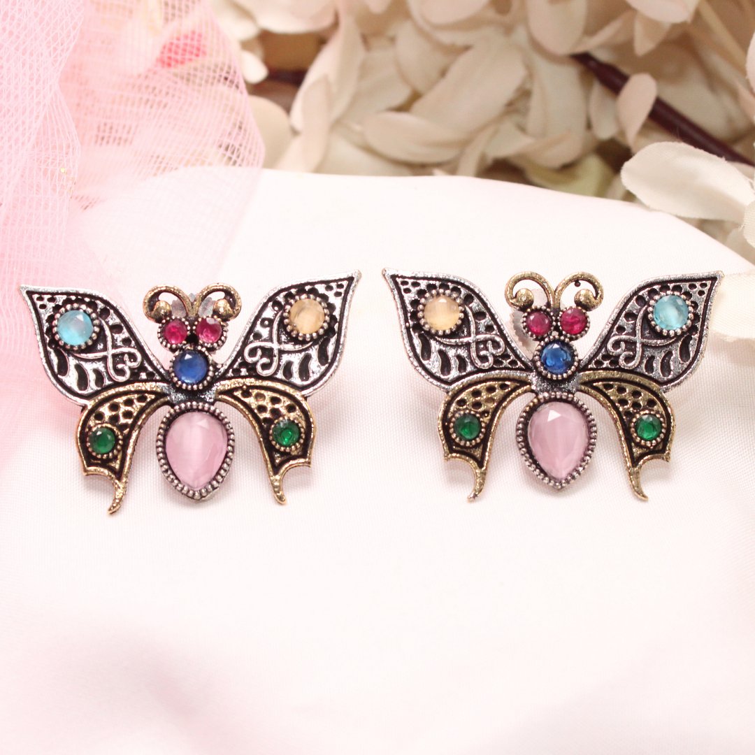 BUTTERFLY DUAL-TONE WITH STONE STUD-MULTICOLOUR -EARRING