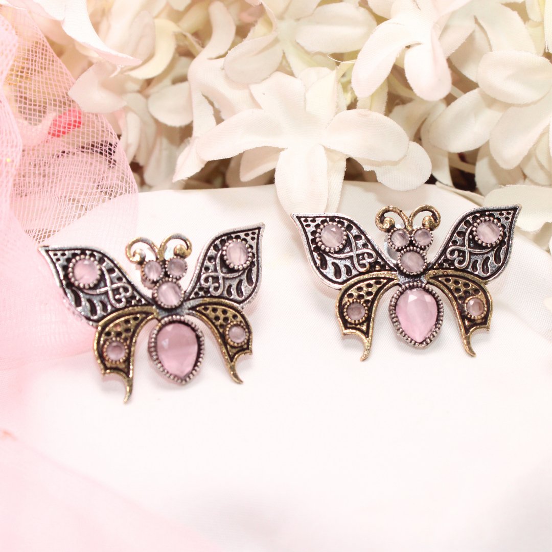 BUTTERFLY DUAL-TONE WITH STONE STUD-PINK -EARRING