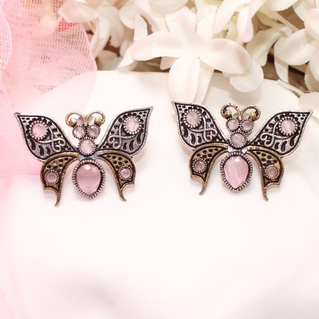 BUTTERFLY DUAL-TONE WITH STONE STUD-PINK -EARRING