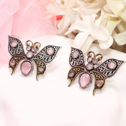 BUTTERFLY DUAL-TONE WITH STONE STUD-PINK -EARRING