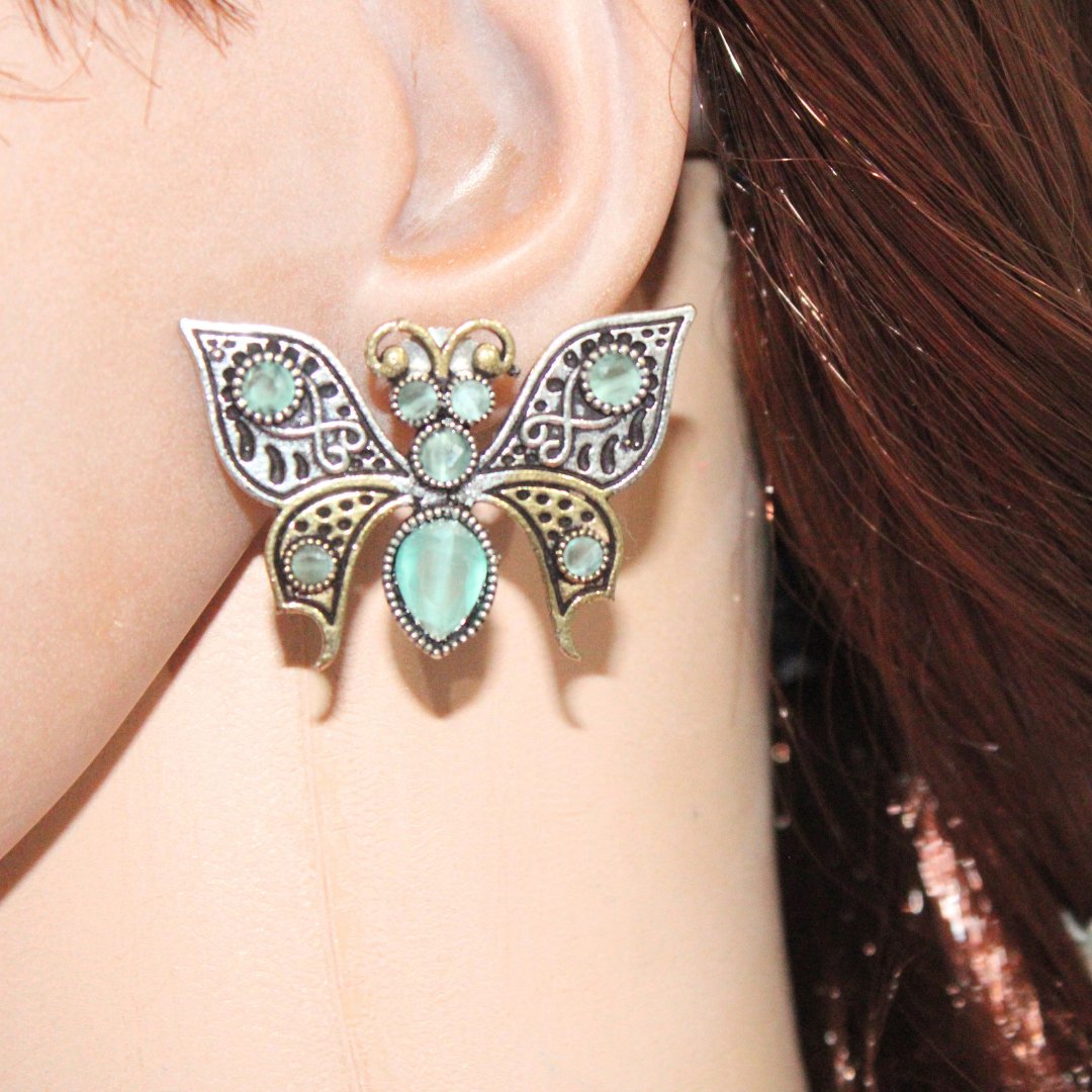 BUTTERFLY DUAL-TONE WITH STONE STUD-TURQUOISE -EARRING