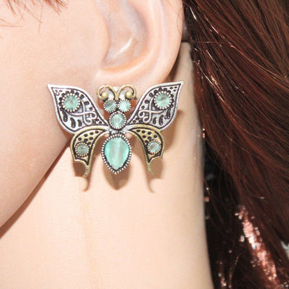 BUTTERFLY DUAL-TONE WITH STONE STUD-TURQUOISE -EARRING