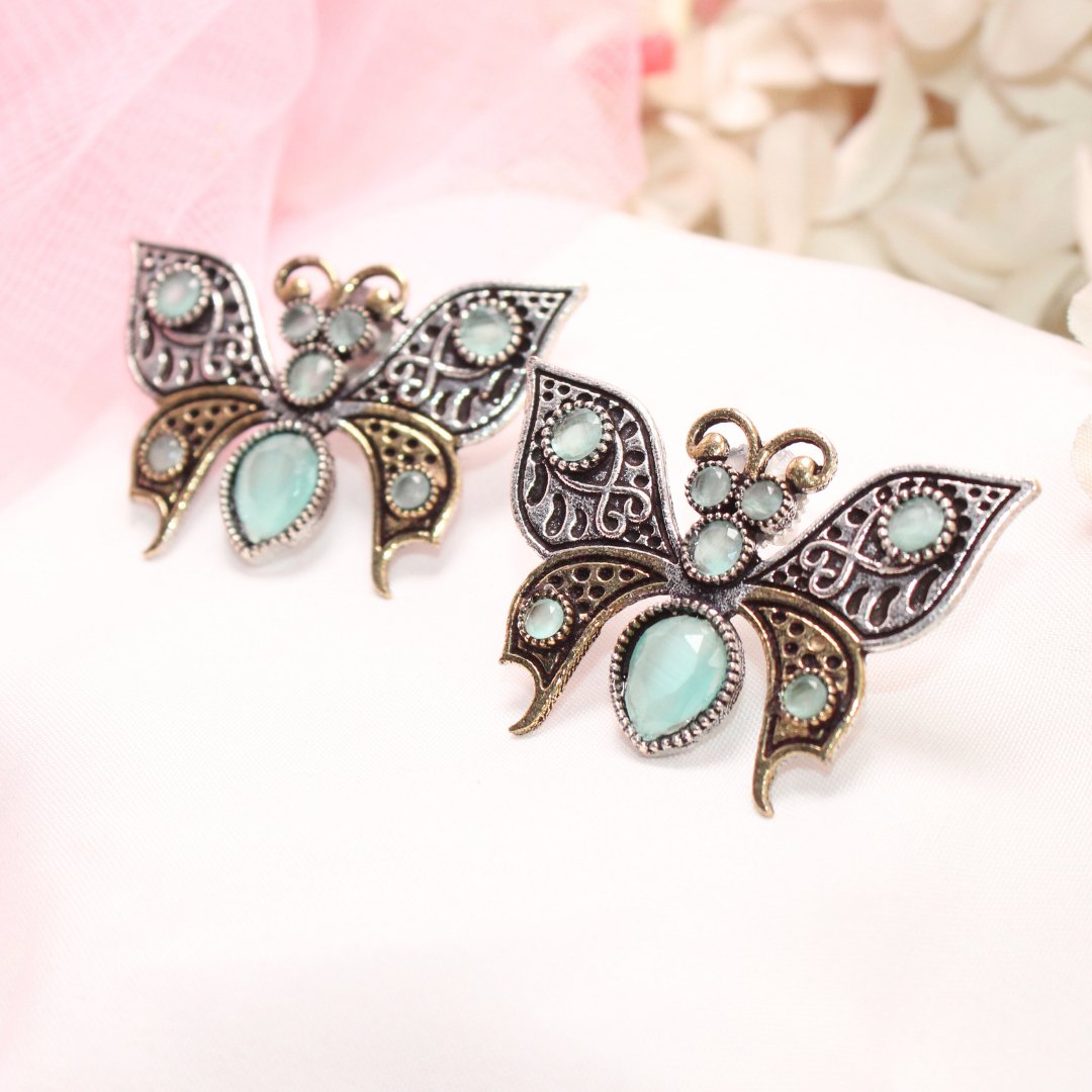 BUTTERFLY DUAL-TONE WITH STONE STUD-TURQUOISE -EARRING