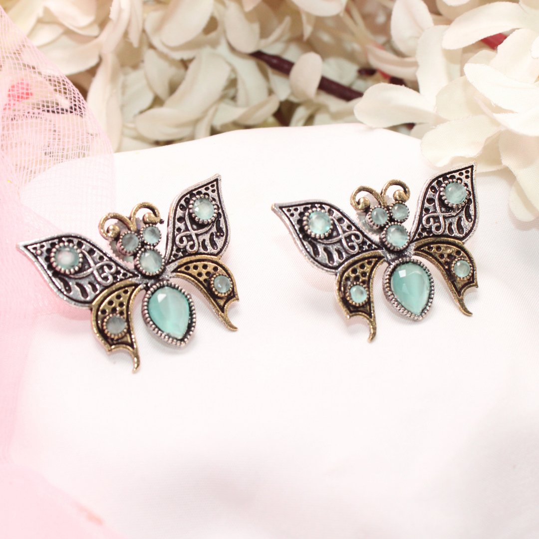 BUTTERFLY DUAL-TONE WITH STONE STUD-TURQUOISE -EARRING