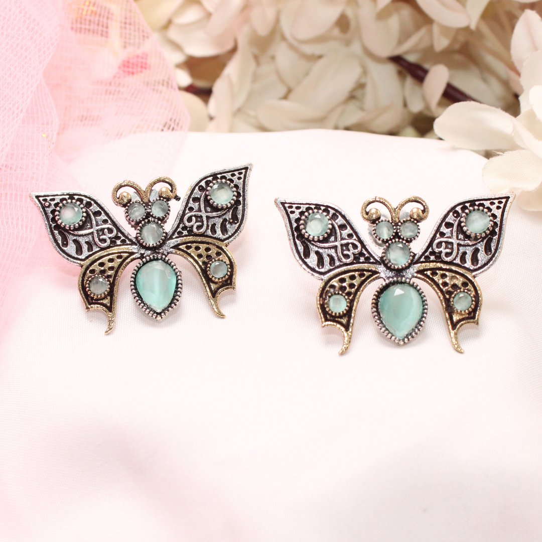 BUTTERFLY DUAL-TONE WITH STONE STUD-TURQUOISE -EARRING