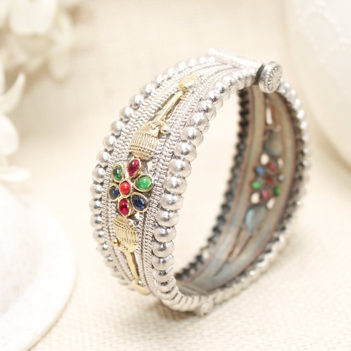 CHANDINI SILVER REPLICA DUAL - TONE STONE FLOWER KADA - kada