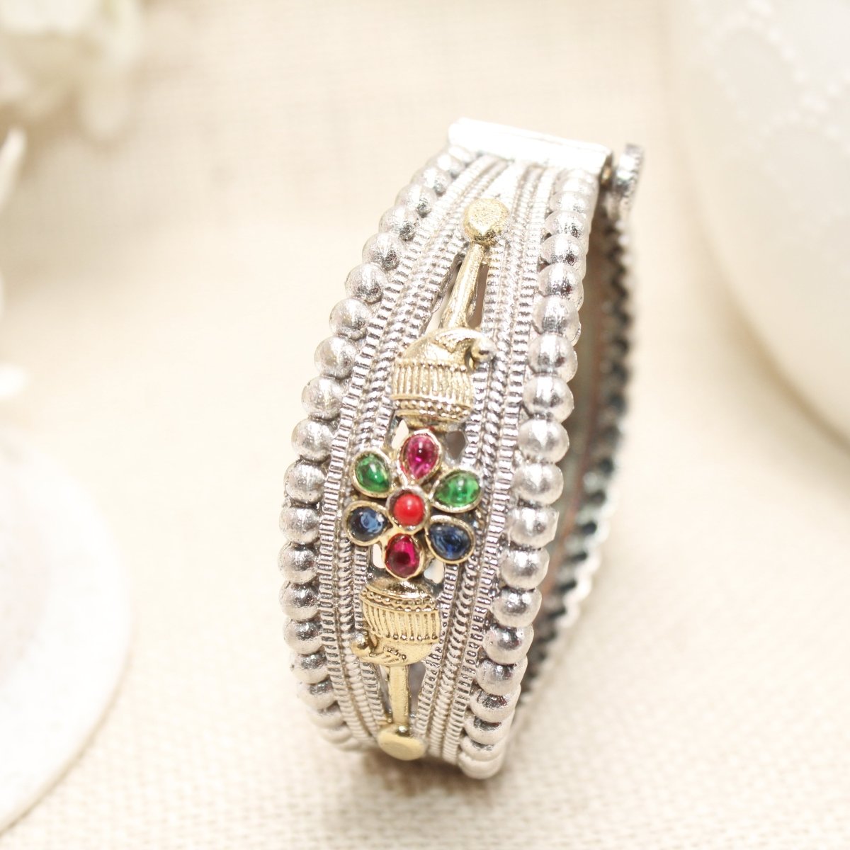 CHANDINI SILVER REPLICA DUAL - TONE STONE FLOWER KADA - kada