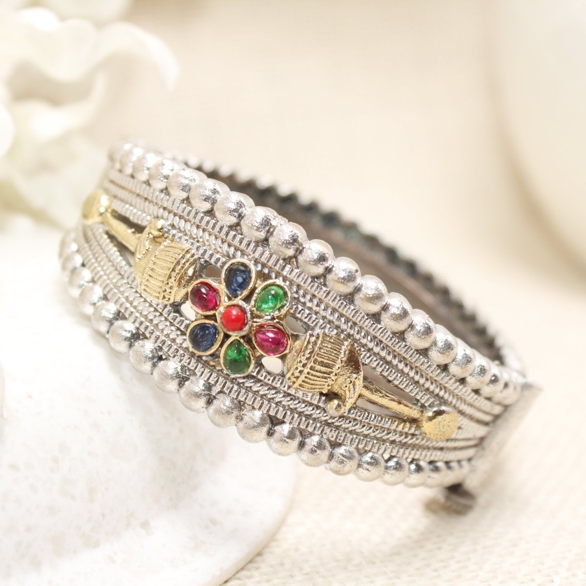 CHANDINI SILVER REPLICA DUAL - TONE STONE FLOWER KADA - kada