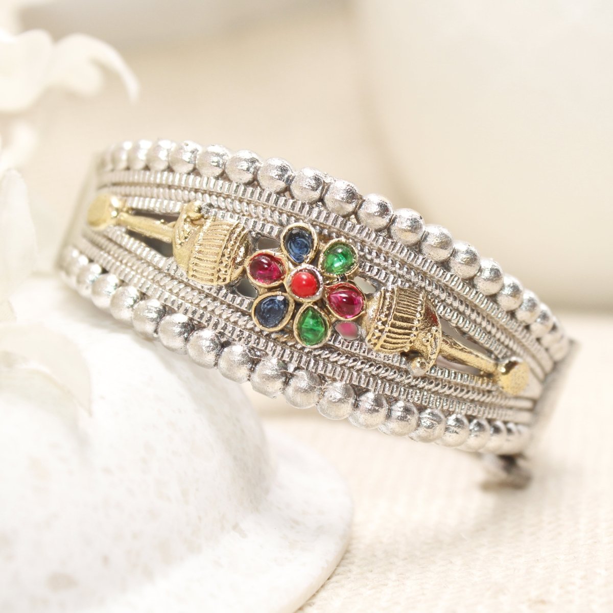 CHANDINI SILVER REPLICA DUAL - TONE STONE FLOWER KADA - kada